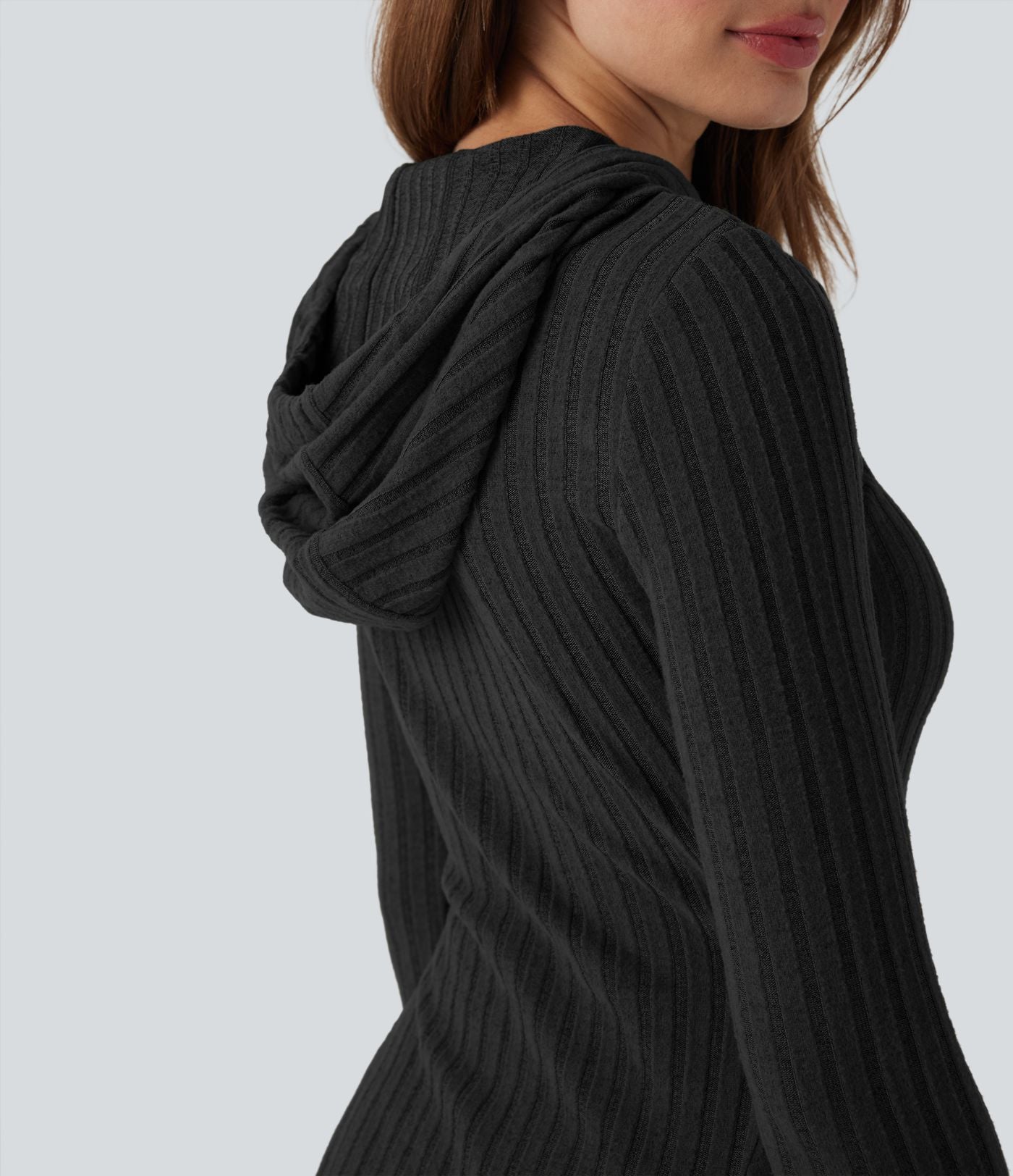 Robe décontractée mini à capuche maille côtelée manches longues avec cordon de serrage