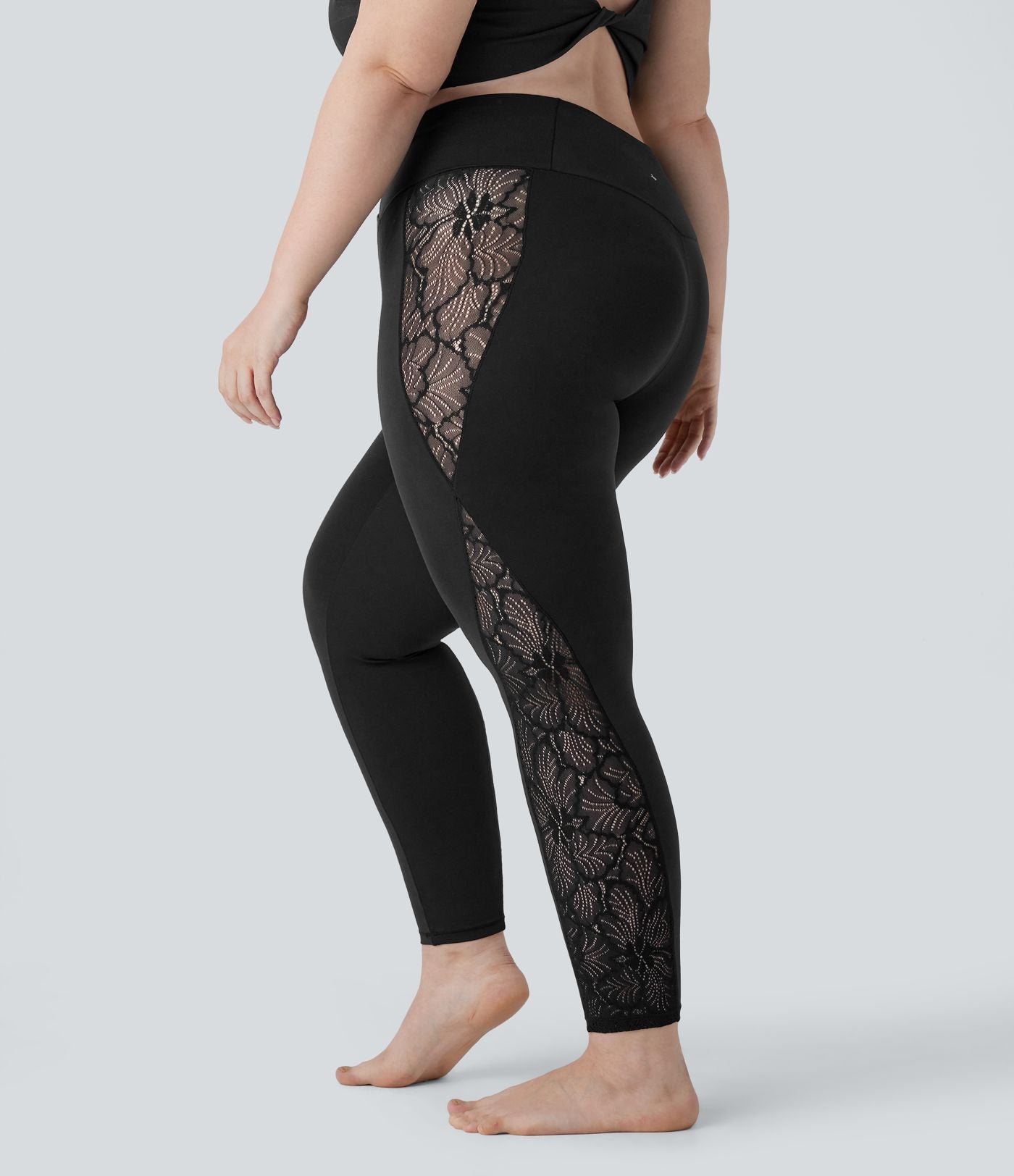 Legging de yoga 7/8 grande taille taille haute avec dos croisé en dentelle contrastante et poche arrière Softlyzero™-UPF50+