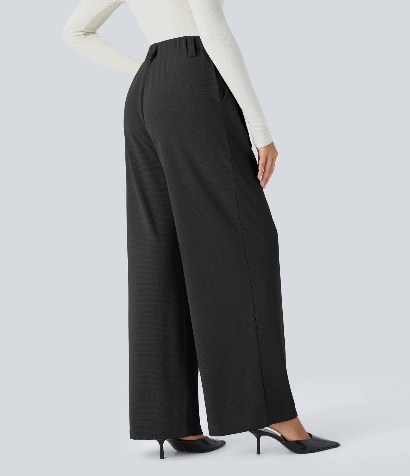 Halara Flex™ Pantalon Tailleur en tissu gaufré à taille haute, jambes larges, plis et poches latérales