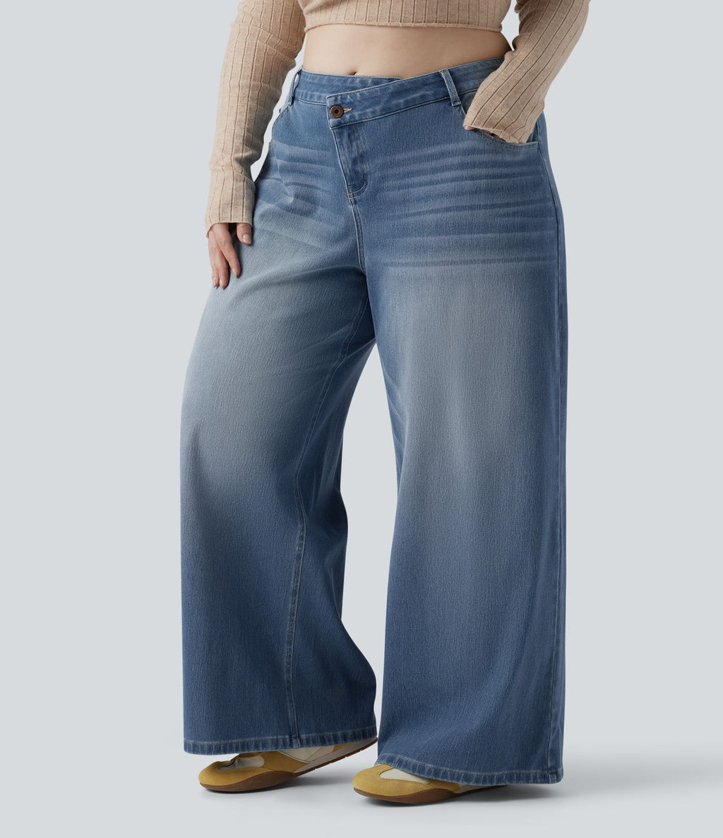Jean décontracté grande taille Halara Flex™ asymétrique taille basse jambes larges effet délavé avec poches