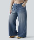Jean décontracté grande taille Halara Flex™ asymétrique taille basse jambes larges effet délavé avec poches