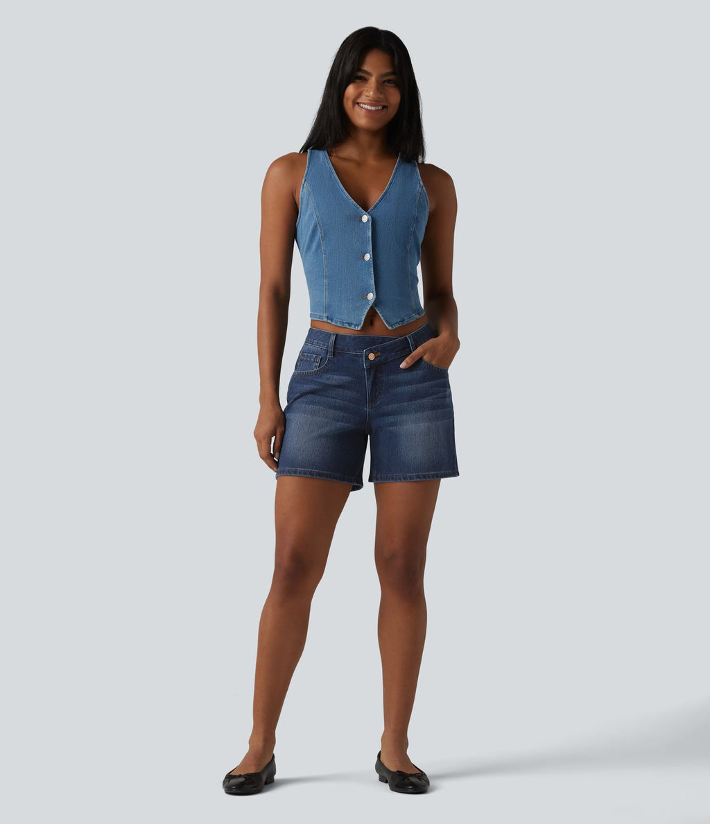 Short asymétrique en jean délavé Halara Flex™ taille basse à poches multiples