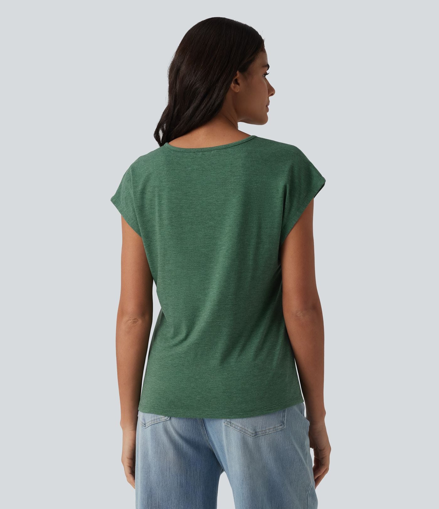 T-shirt casual chiné col V à manches courtes chauve-souris