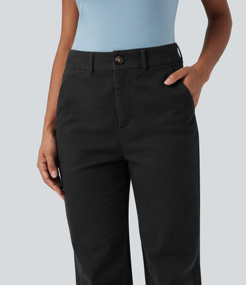 Pantalon coton fuselé taille mi-haute avec poches