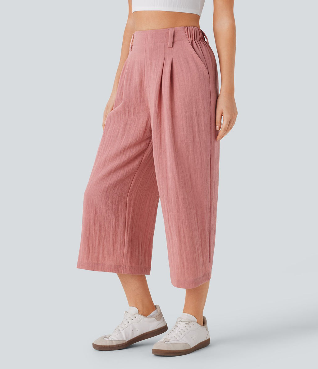 Pantalon décontracté palazzo capri uni effet lin, taille haute, large, avec poches