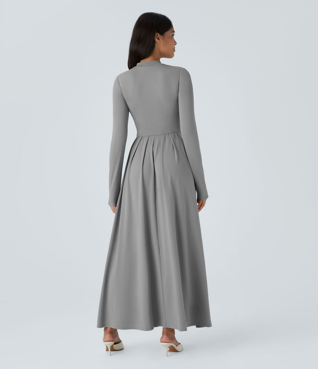 Robe longue décontractée à col montant, manches longues, plissée, avec poches latérales et coupe évasée