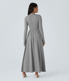 Robe longue décontractée à col montant, manches longues, plissée, avec poches latérales et coupe évasée