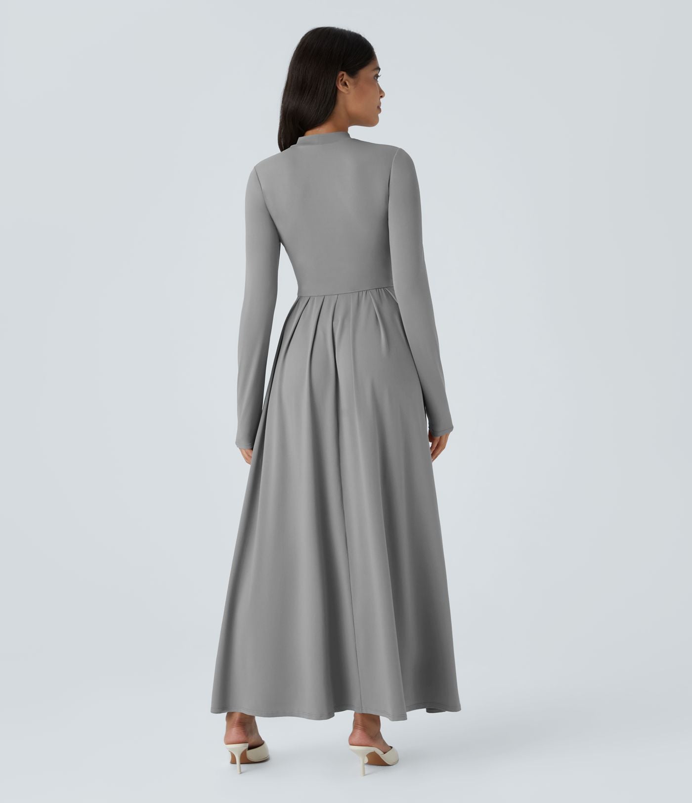 Robe longue décontractée à col montant, manches longues, plissée, avec poches latérales et coupe évasée