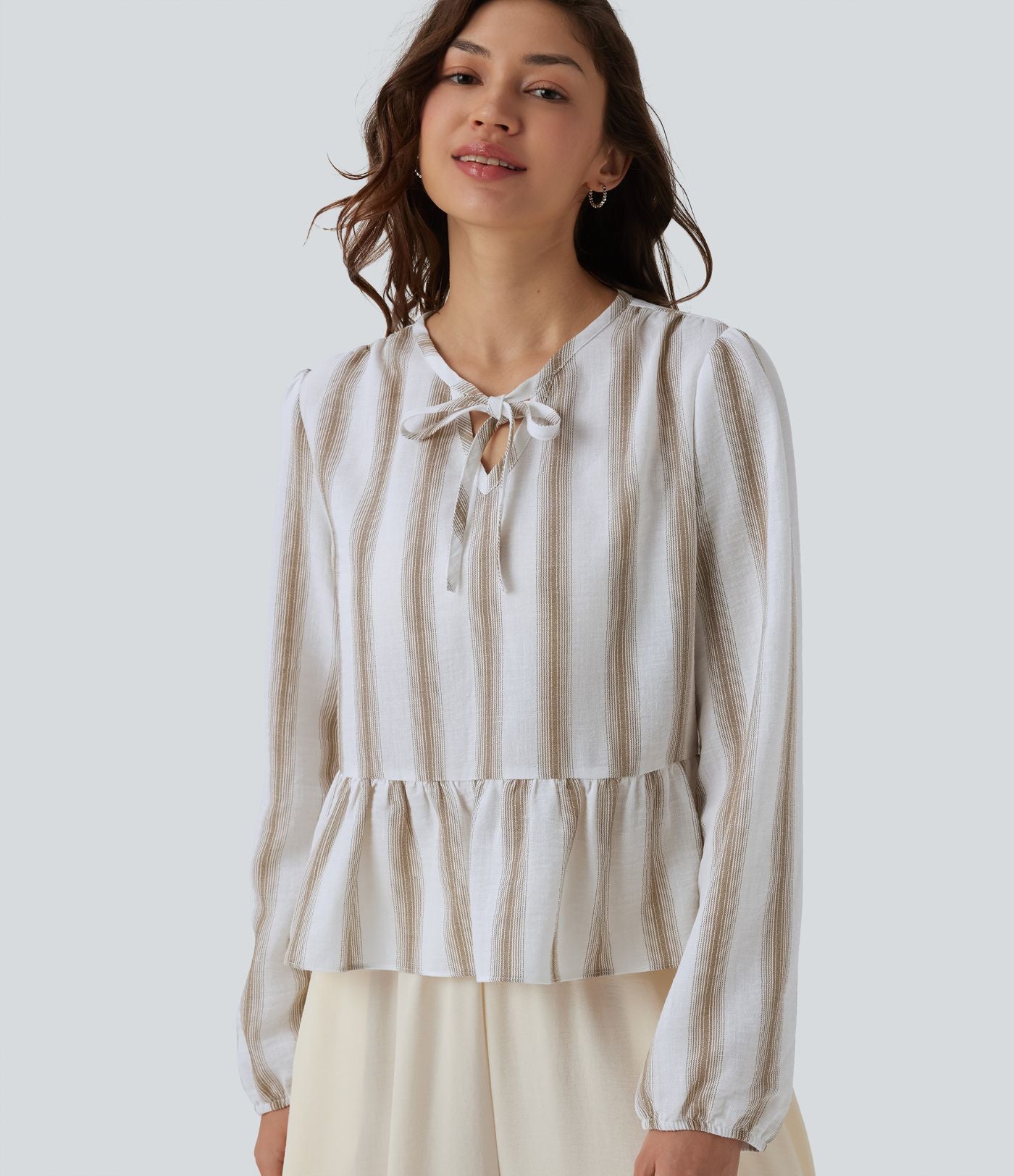 Blouse aspect lin à rayures manches longues ourlet à volants à nouer devant