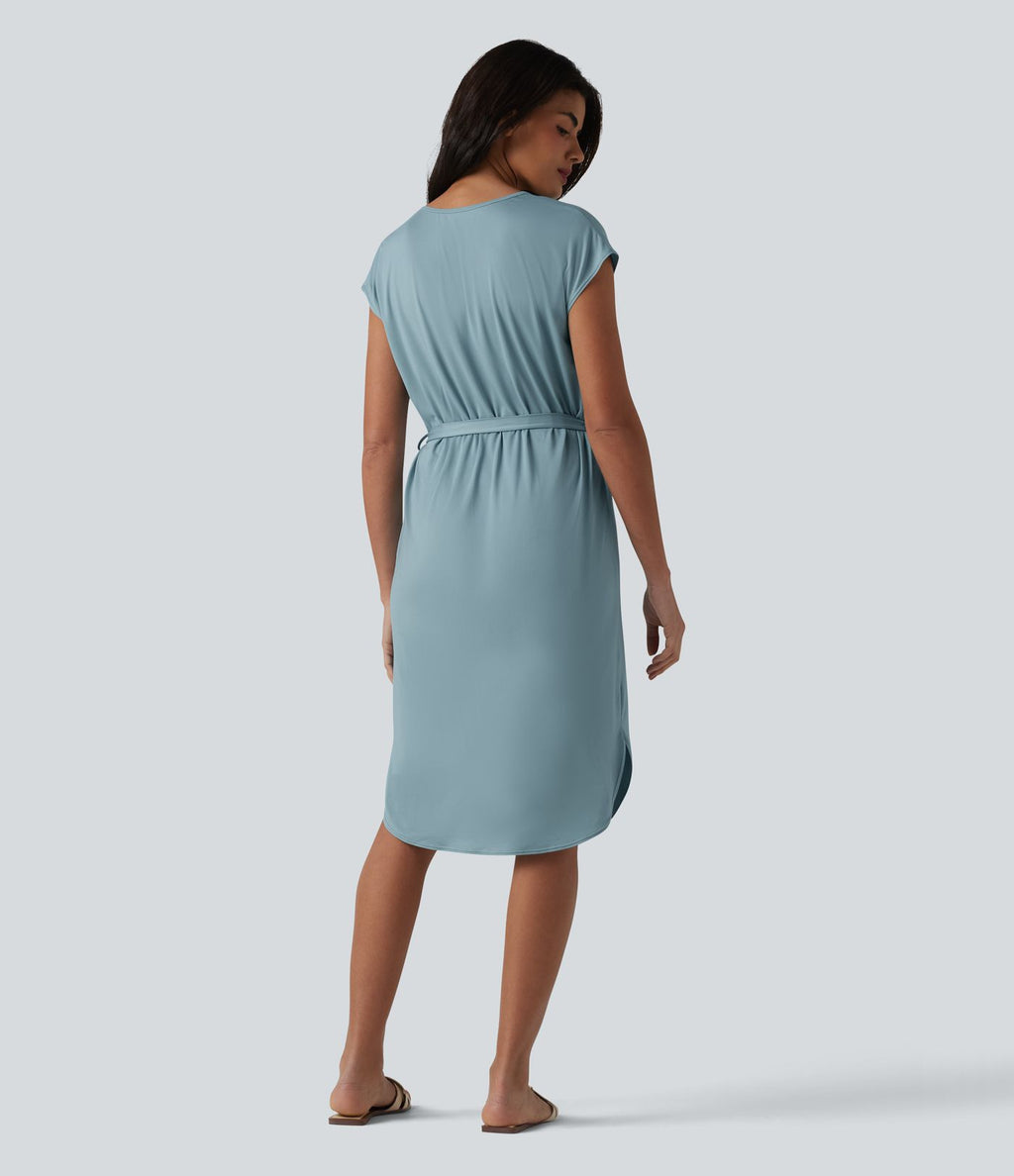 Robe t-shirt casual col V à manches courtes, ceinturée et ourlet arrondi