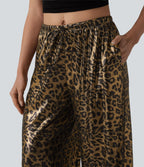 Pantalon leopard large décontracté taille mi-haute avec cordon de serrage et poches