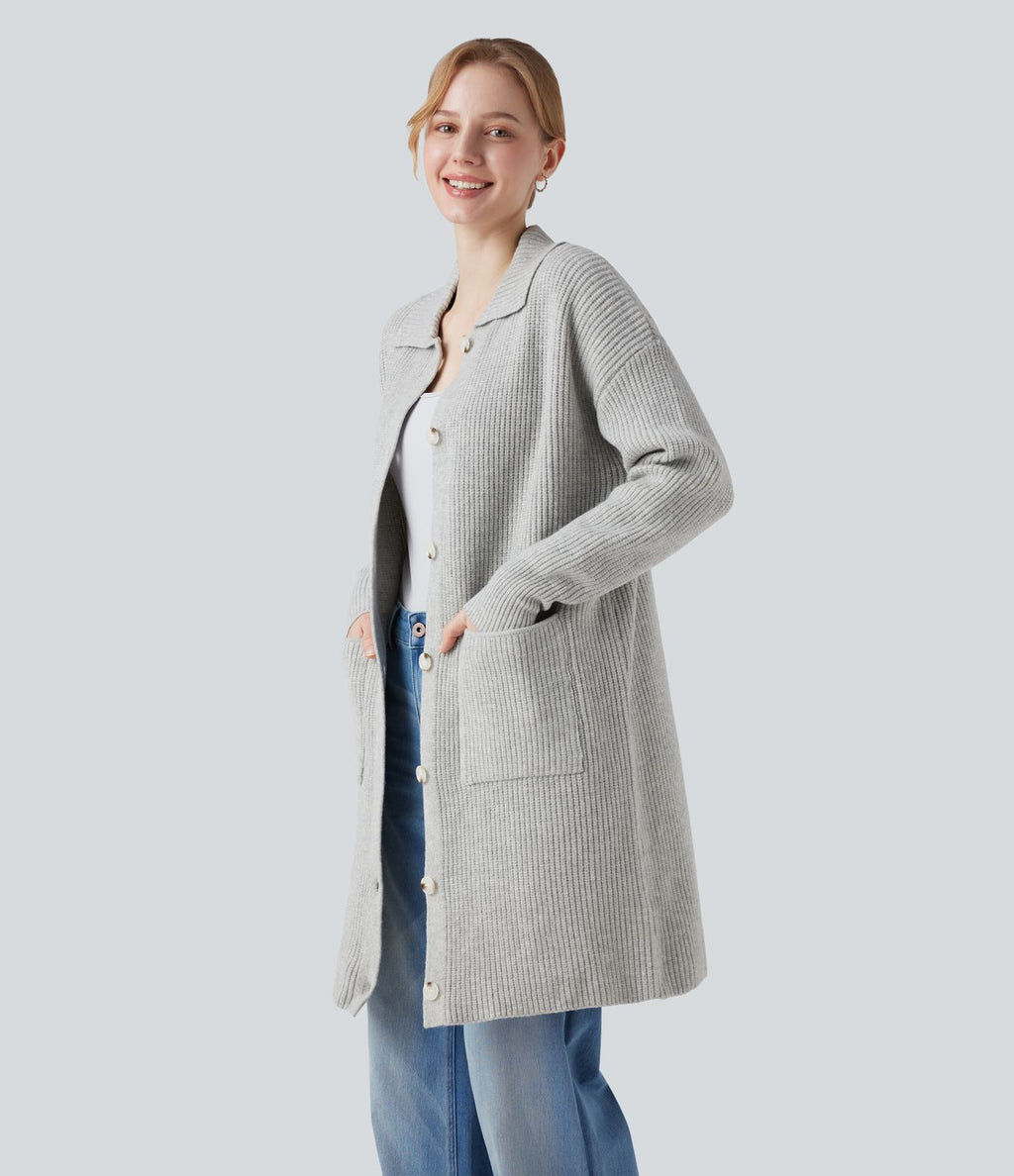 Gilet long casual col manches longues boutonné avec poches