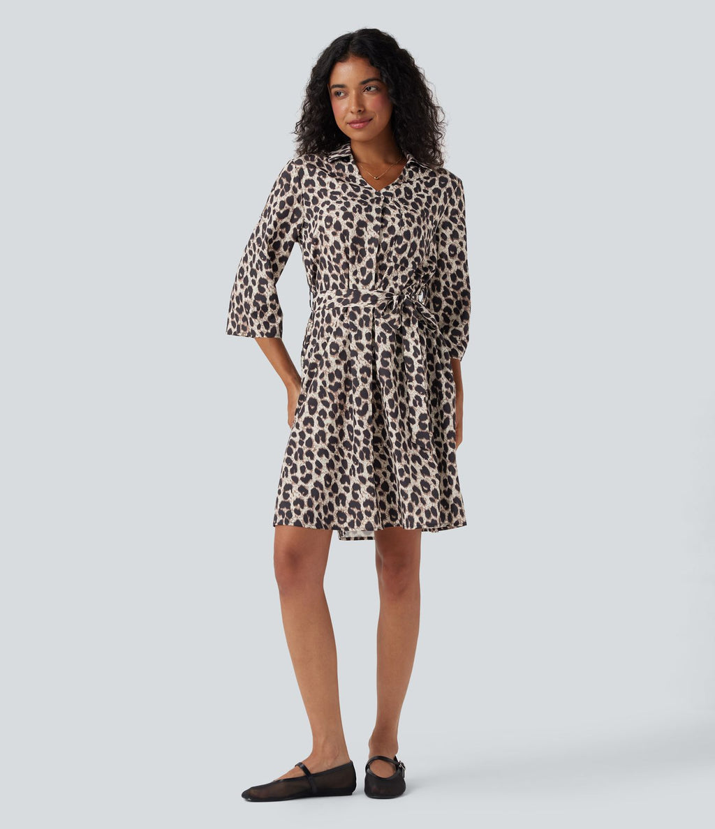 Robe-chemise décontractée imprimé léopard manches retroussables ceinturée avec poches