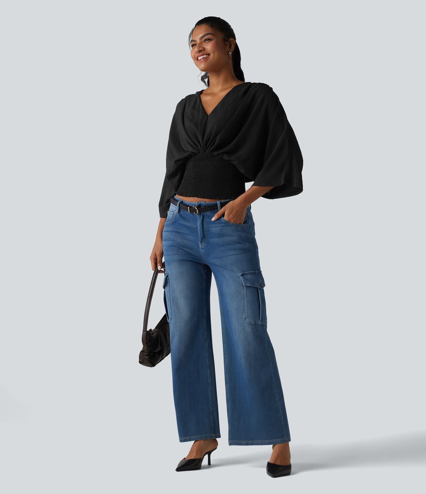 Blouse décontractée effet lin col V, manches chauve-souris et détails froncés