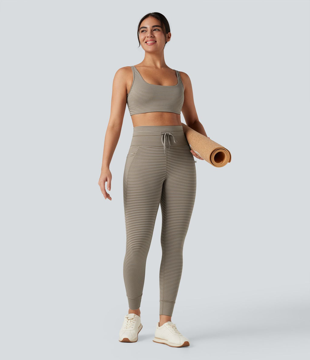 Legging de yoga rayé taille haute avec cordon de serrage et poches