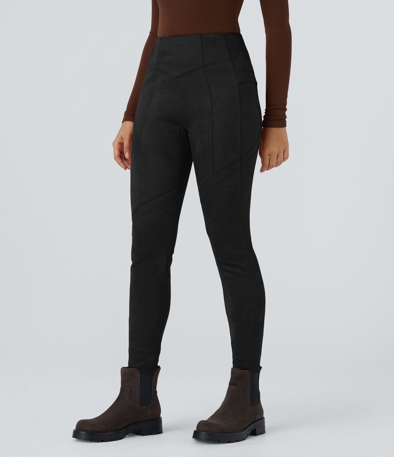 Legging casual en suédine longueur cheville avec poches latérales et taille haute