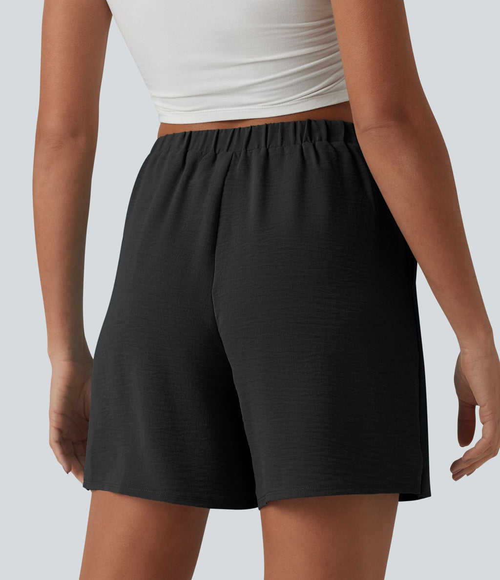 Jupe-short casual taille haute aspect lin avec lien noué sur le côté