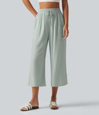 Pantalon large court taille haute en lin mélangé avec cordon de serrage et poches