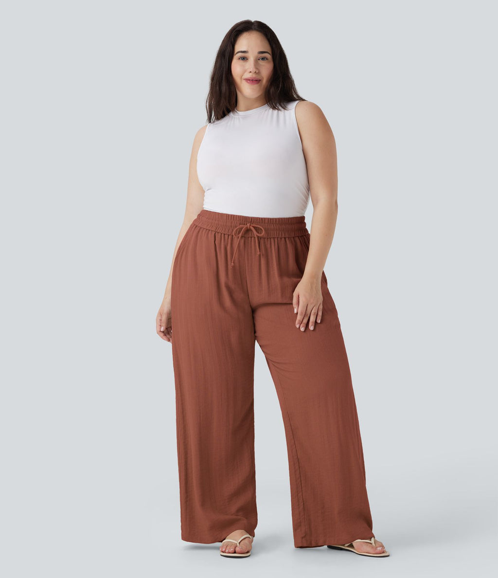 Pantalon décontracté grande taille large fluide taille haute effet lin avec cordon de serrage et poches