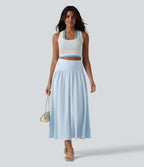 Jupe fluide midi casual taille haute à rayures en coton froissé, avec poches