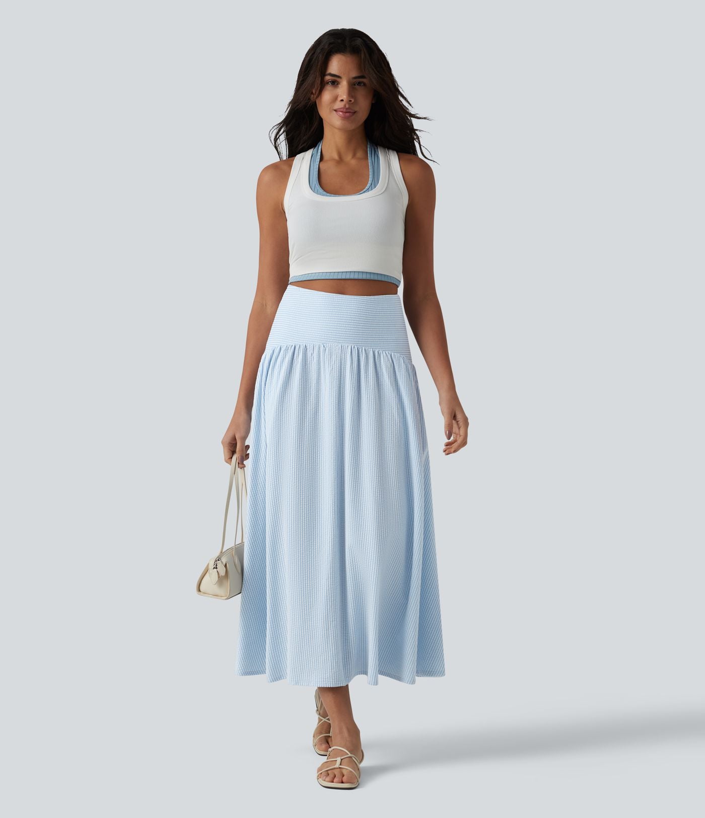 Jupe fluide midi casual taille haute à rayures en coton froissé, avec poches