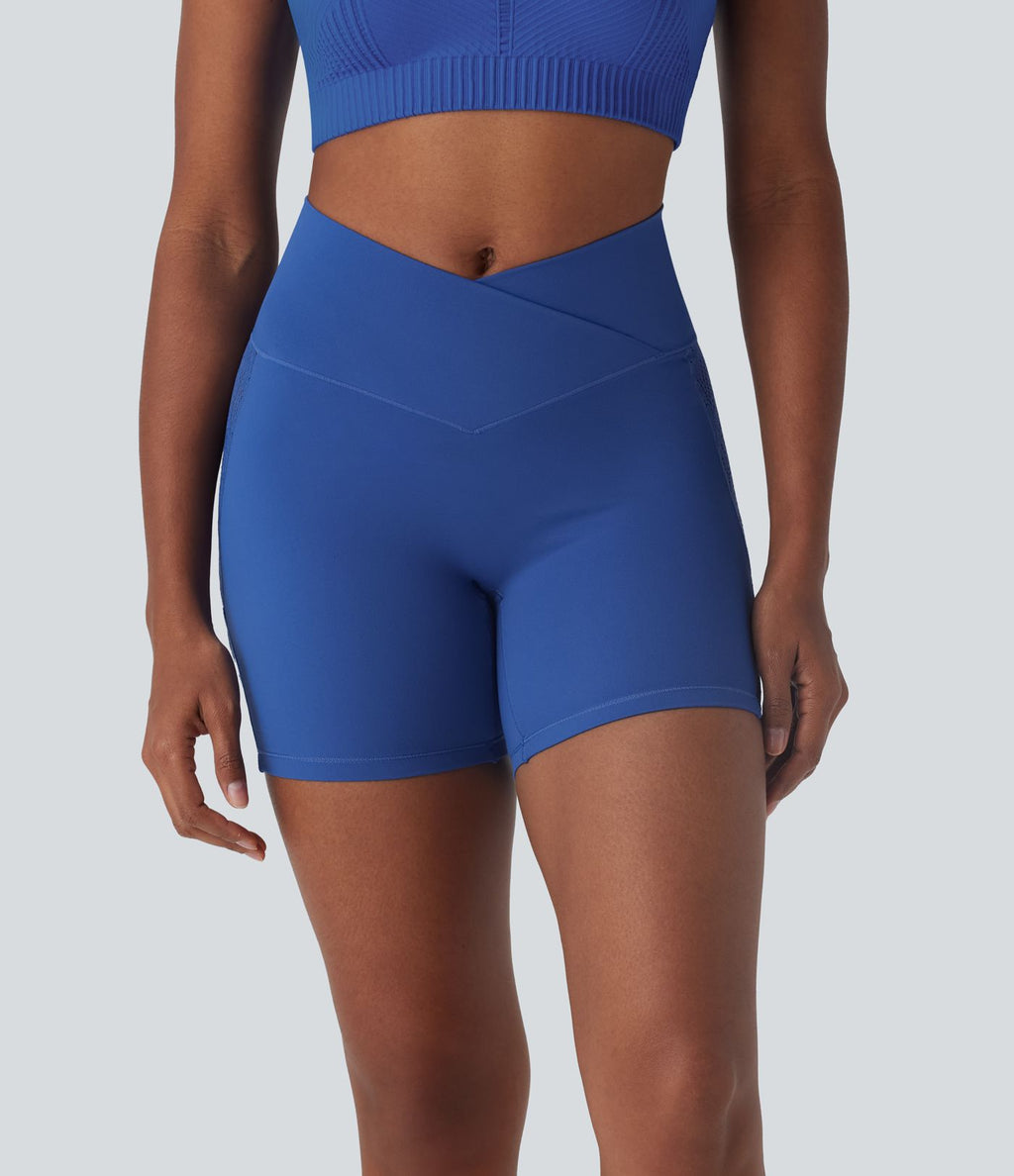Softlyzero™ Short cycliste yoga taille haute croisé avec dentelle contrastée et poche arrière 12,5 cm - UPF50+