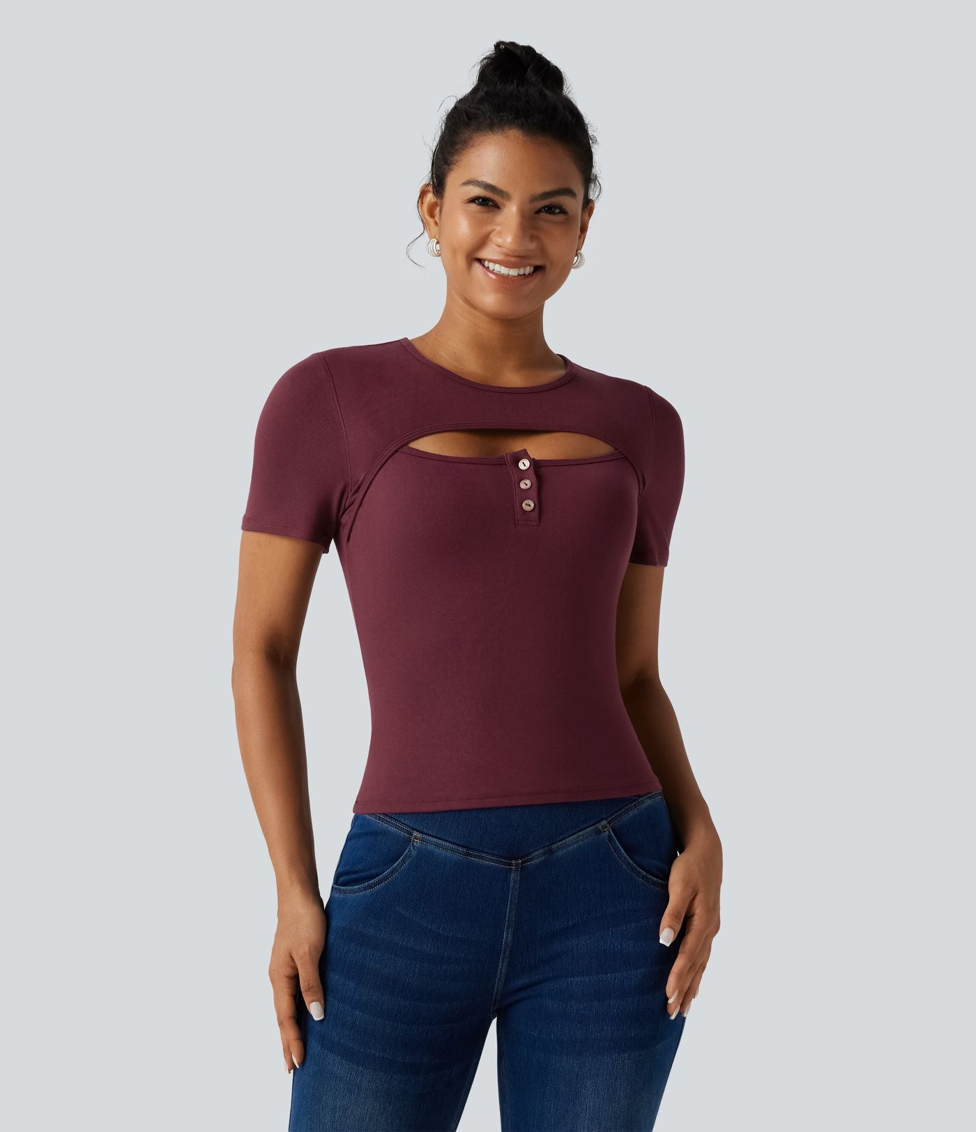 T-shirt en maille côtelée à col rond avec découpe et maintien intégré