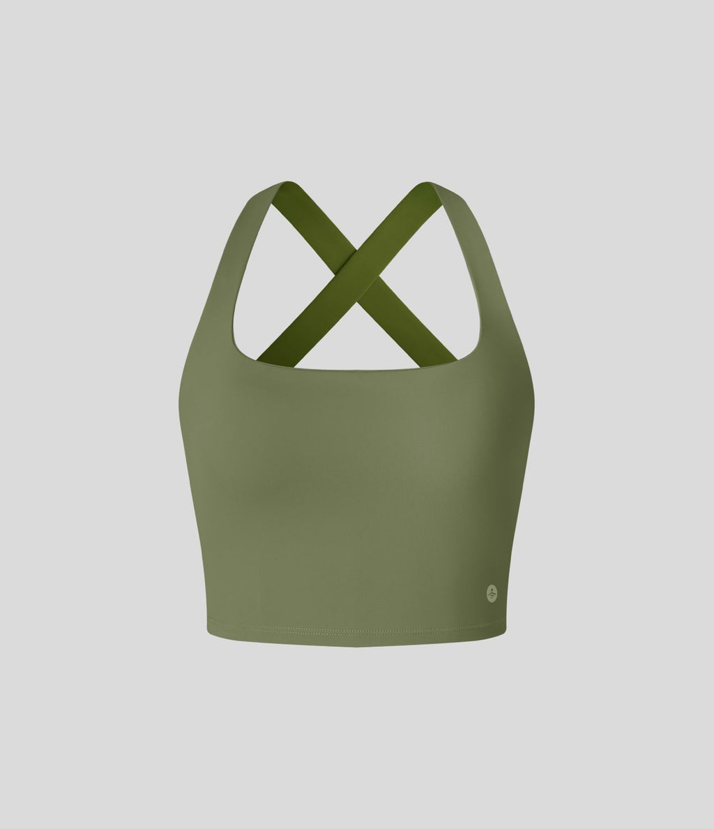Débardeur yoga court SoftlyZero™ Airy col carré dos nu bretelles croisées effet frais InstantCool, bonnets A-C, protection solaire UPF50+