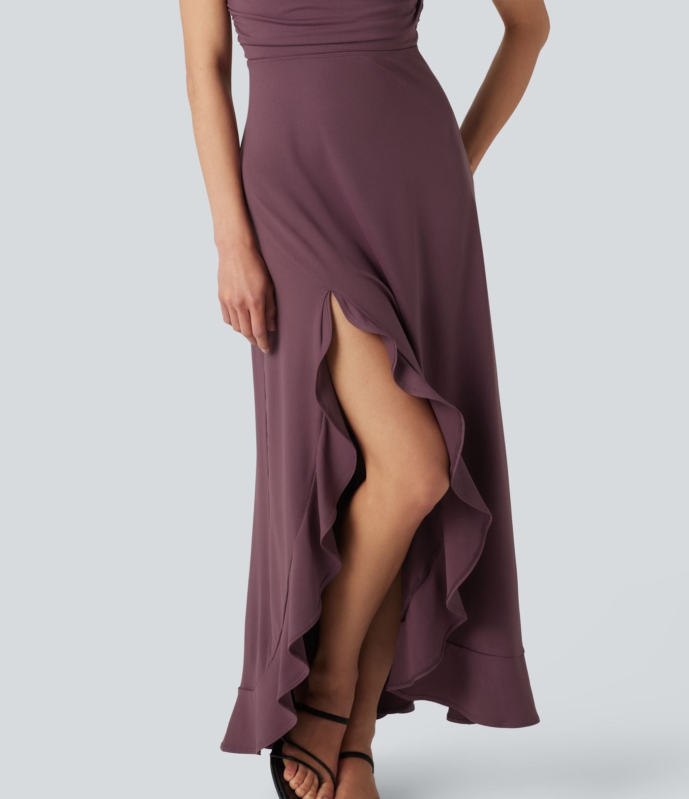 Robe mi-longue fluide de soirée dos nu croisé avec fente, ourlet à volants et soutien-gorge intégré
