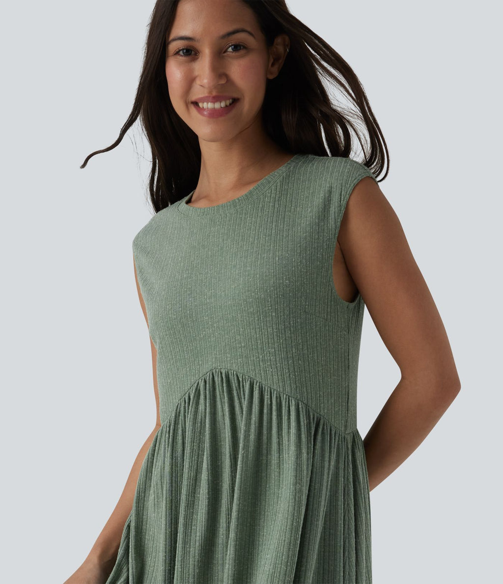 Robe midi fluide décontractée maille côtelée mélange lin col rond sans manches