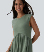 Robe midi fluide décontractée maille côtelée mélange lin col rond sans manches