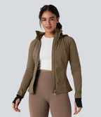 Veste randonnée capuche amovible double zip cordon de serrage avec trous pouces et poches