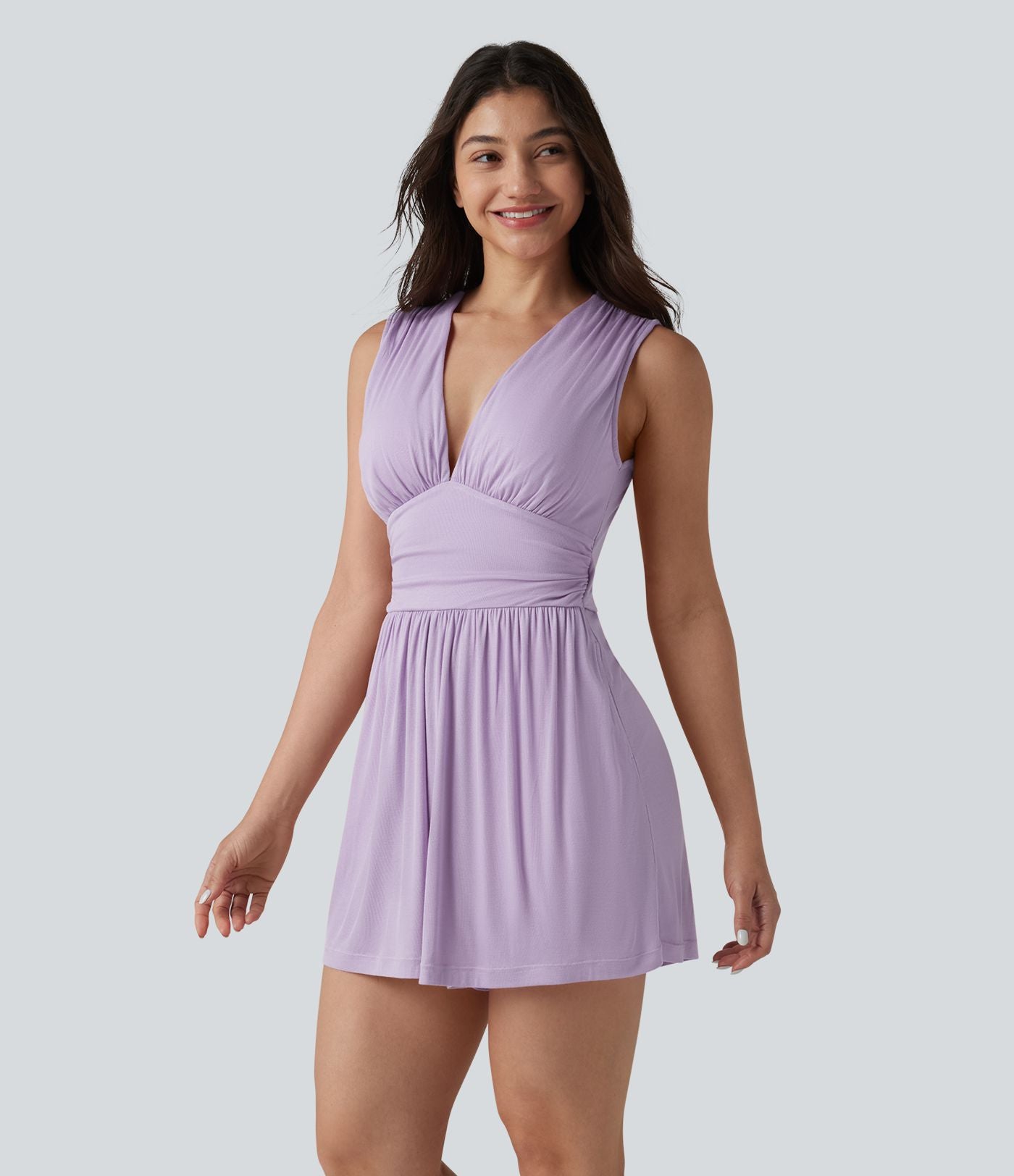 Combishort casual côtelé sans manches col V, fronces et soutien-gorge intégré, avec poches – Easy Peasy
