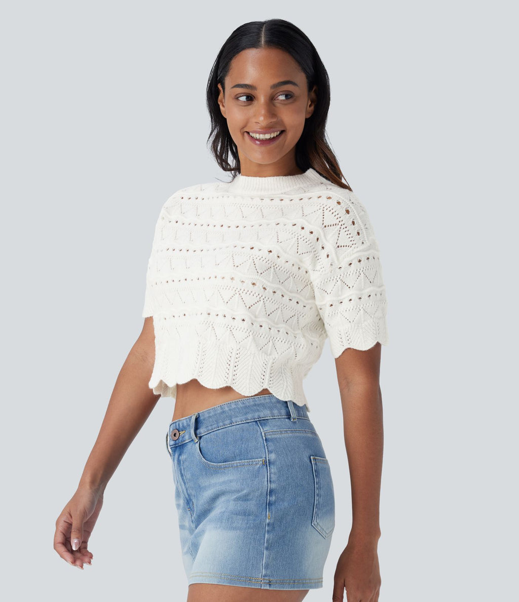 Pull décontracté en maille ajourée à col rond, manches courtes et bordure festonnée