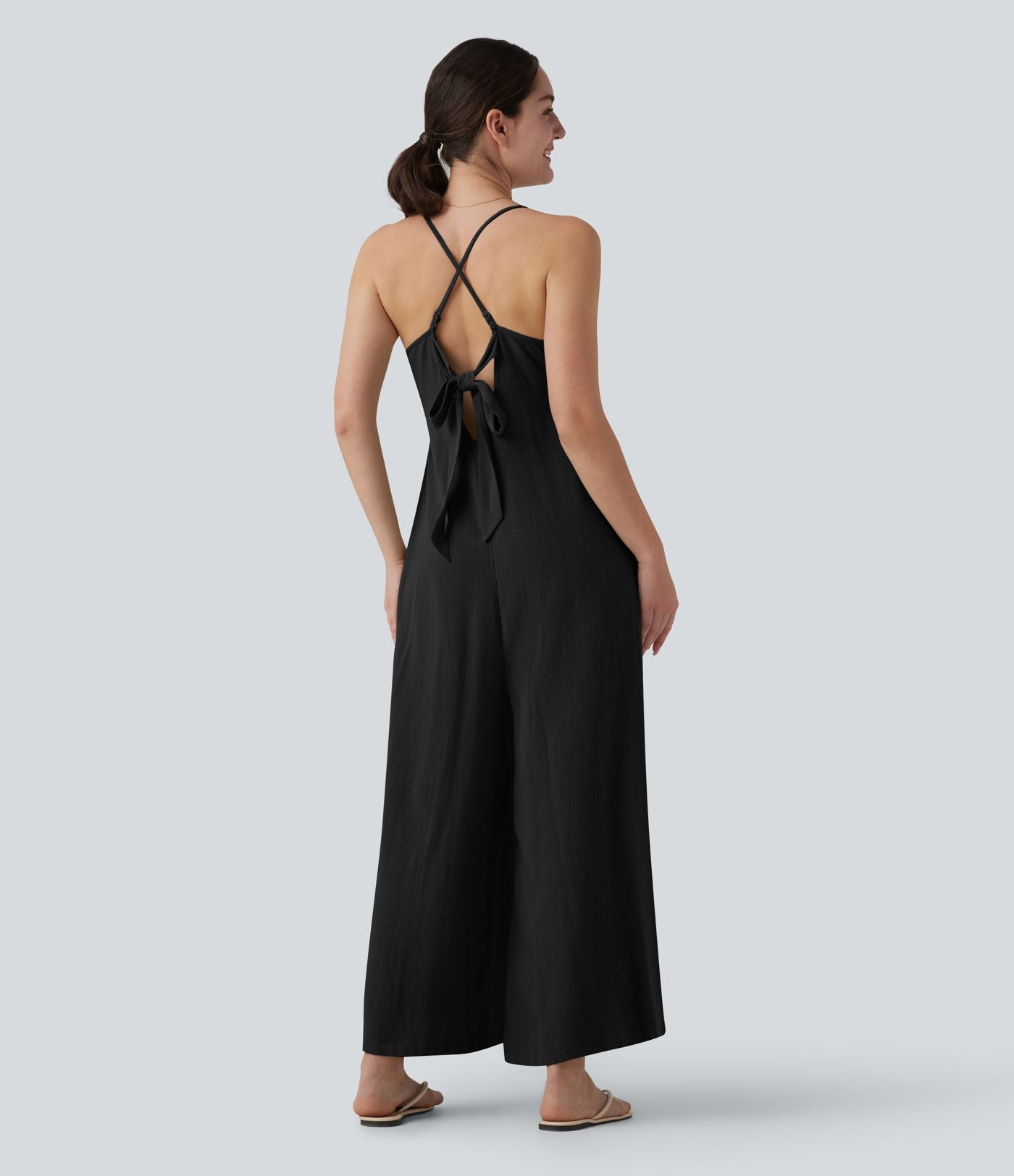 Combinaison casual large en lin sans manches, dos nu avec bretelles réglables et lien dans le dos