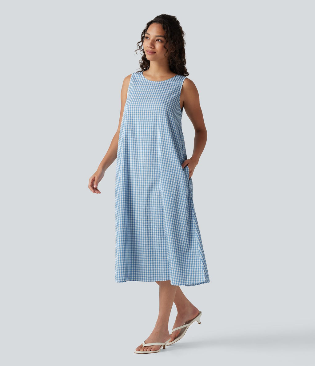 Robe débardeur midi décontractée en vichy froissé, col rond, sans manches, à poches