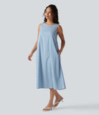 Robe débardeur midi décontractée en vichy froissé, col rond, sans manches, à poches