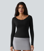 Haut casual en maille côtelée à manches longues, col rond échancré, dos en U, dentelle contrastée et soutien-gorge intégré