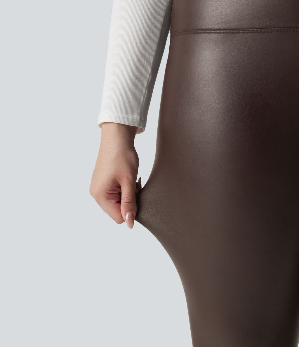 Leggings 7/8 grande taille en simili extensible effet ventre plat, taille haute, intérieur polaire, avec poches