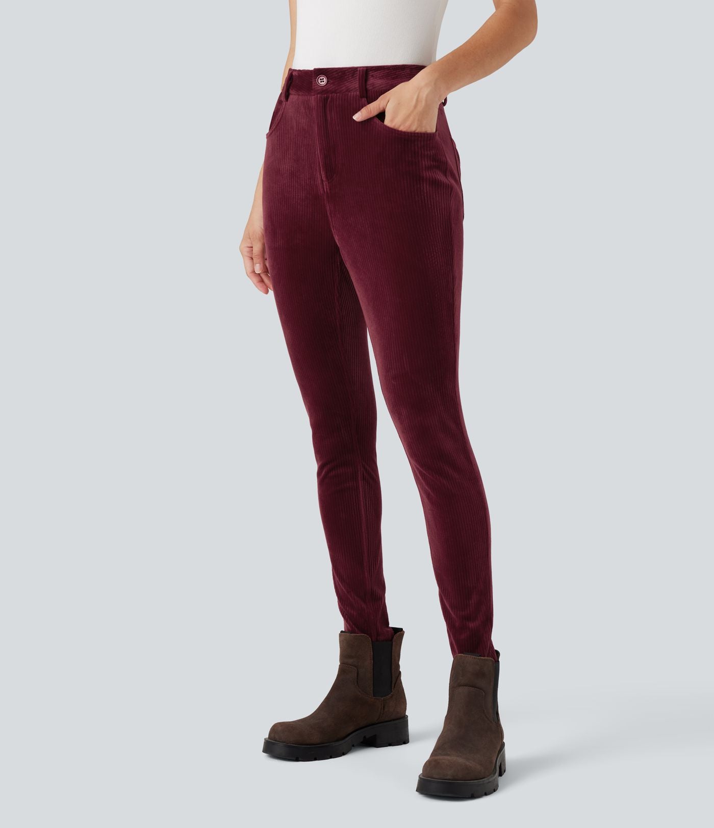 Pantalon velours côtelé taille haute avec poches