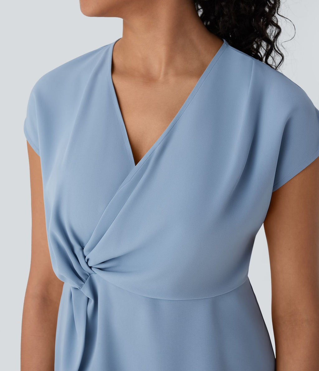Blouse portefeuille à col en V, manches courtes et fronces pour le bureau