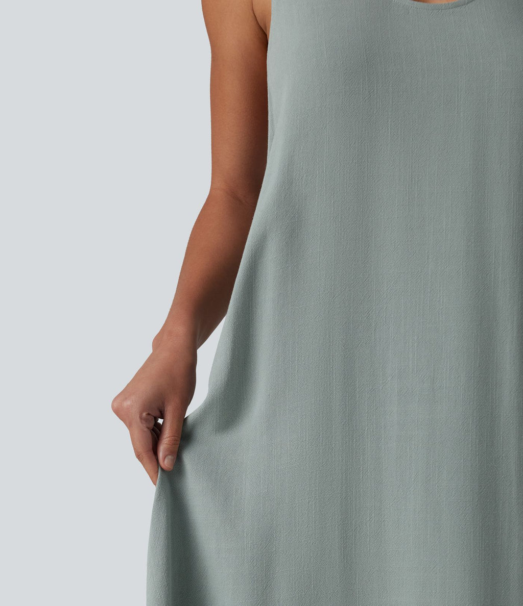 Robe maxi fluide de vacances en mélange de lin col U sans manches dos torsadé à poches