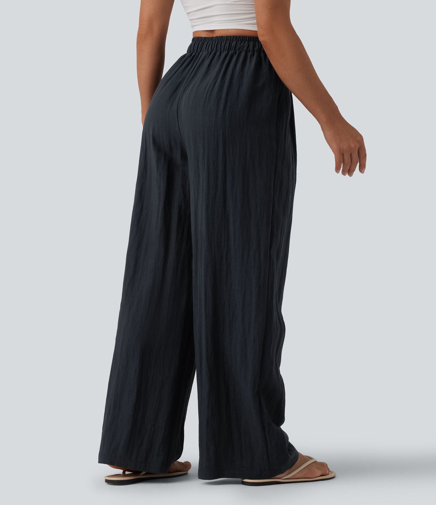Pantalon casual ample lin taille haute à cordon de serrage avec poches