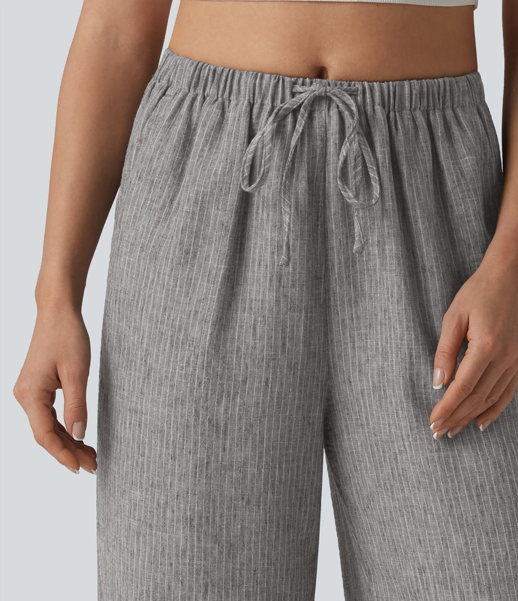 Pantalon décontracté ample rayé taille mi-haute avec cordon de serrage et poches