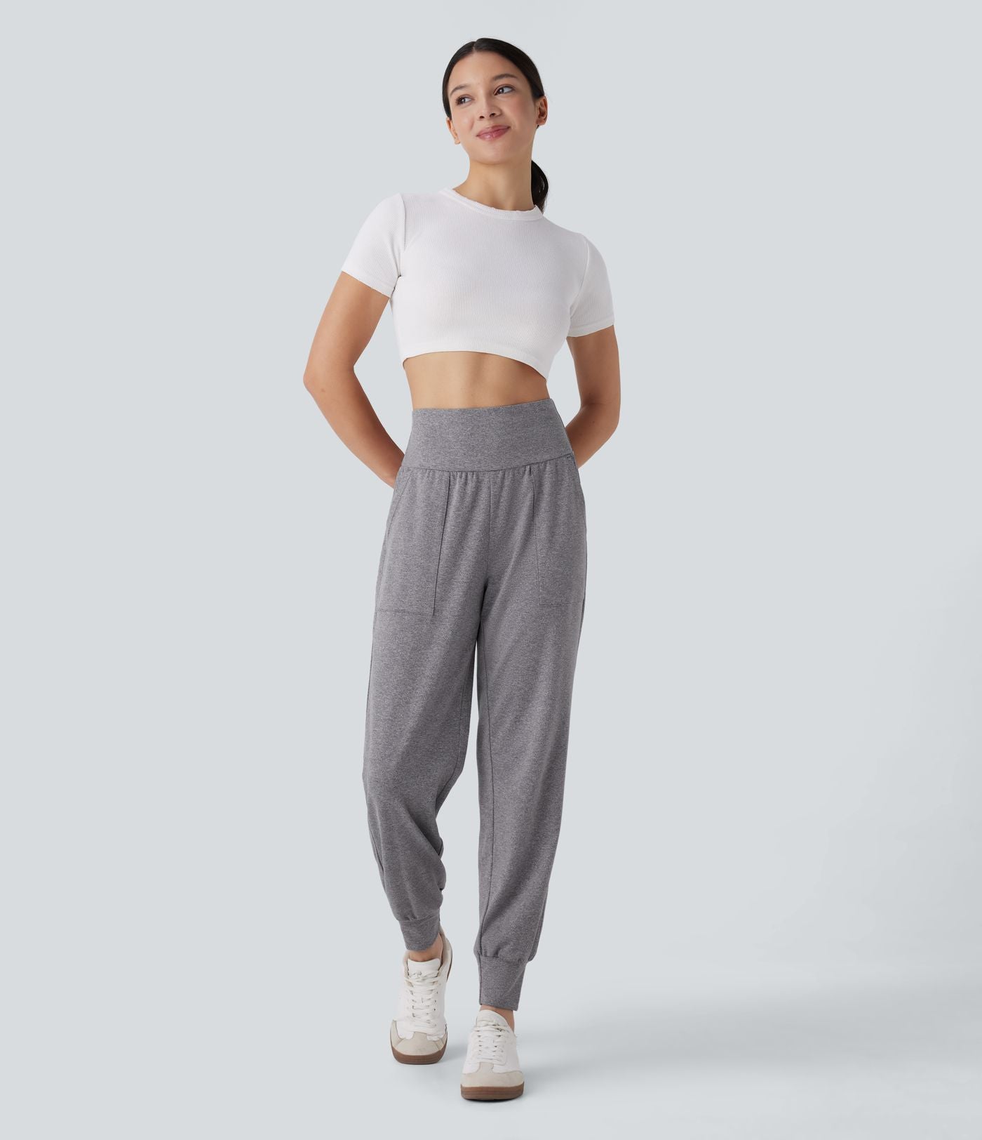 Pantalon jogging décontracté taille haute avec poches latérales
