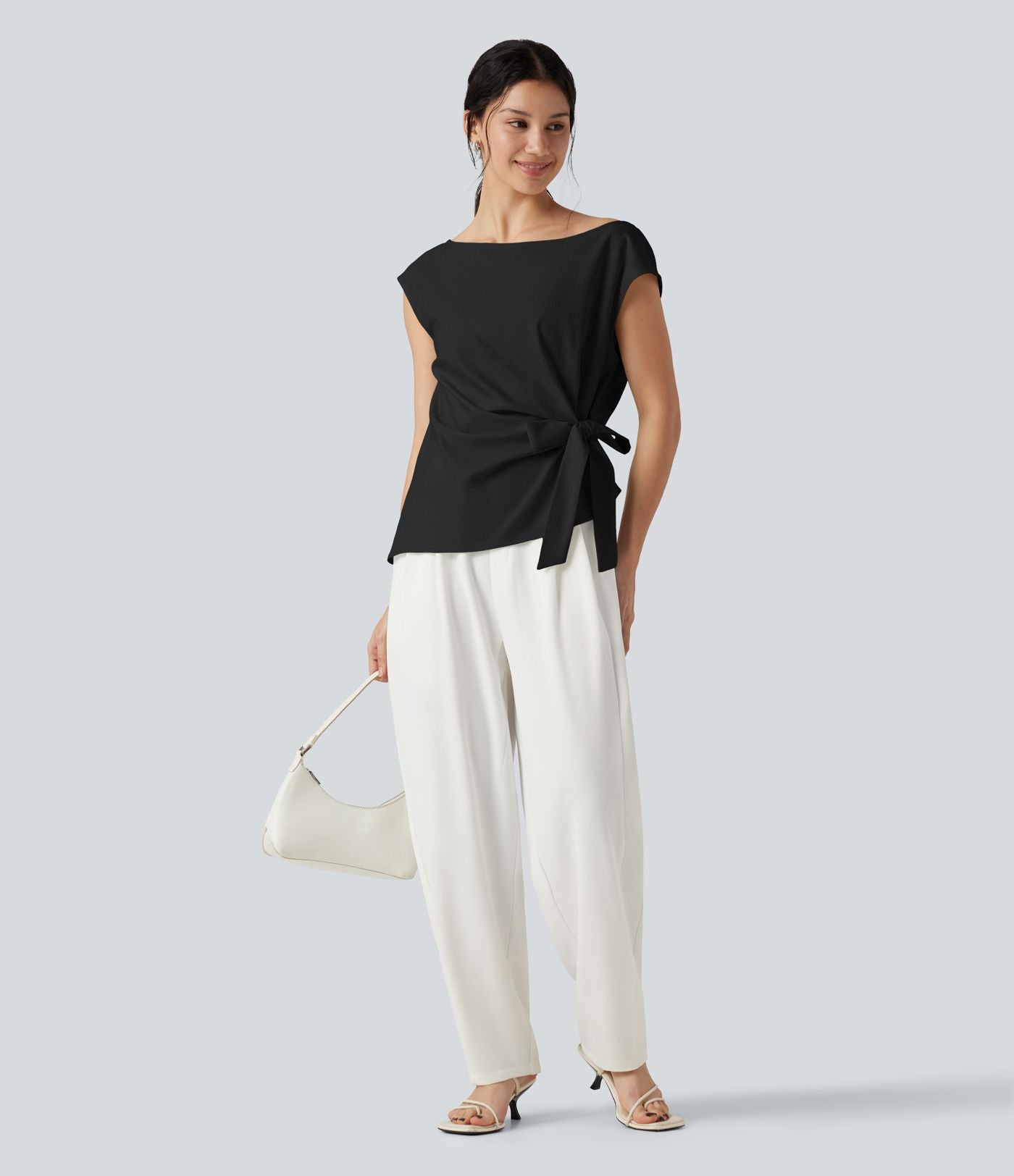 Blouse casual col bateau en mélange de lin à [manches cap] nouée sur le côté