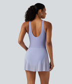 Robe de bain 2-en-1 gainante col V croisé avec fronces, ourlet asymétrique noué, mesh contrasté et brassière intégrée