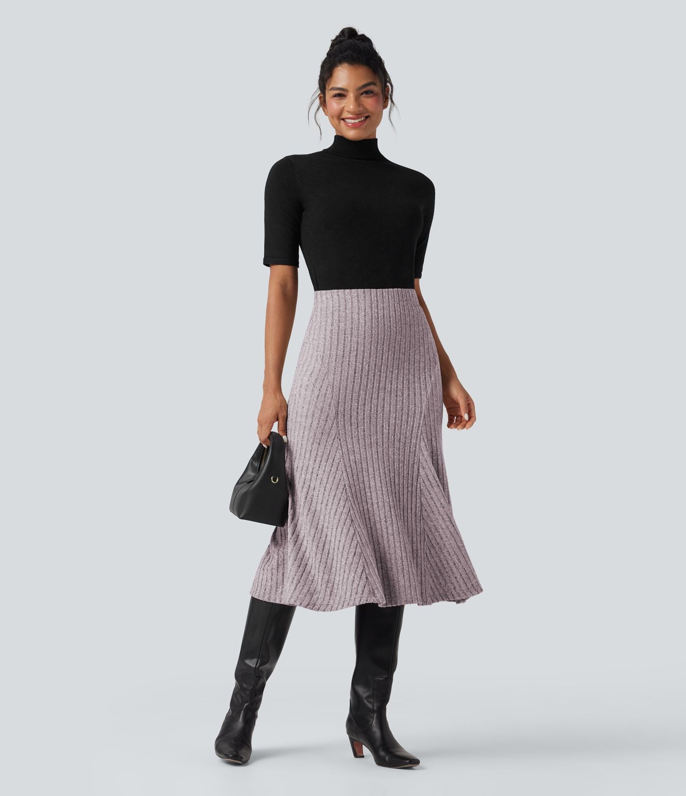 Jupe midi décontractée maille côtelée ligne A taille haute
