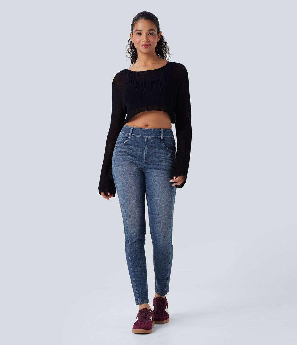 Jean skinny 7/8 décontracté taille mi-haute délavé Halara Flex™ avec poches