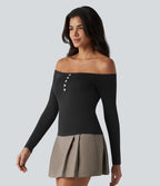 T-shirt casual ultra-ajusté côtelé épaules dénudées à manches longues avec soutien-gorge intégré